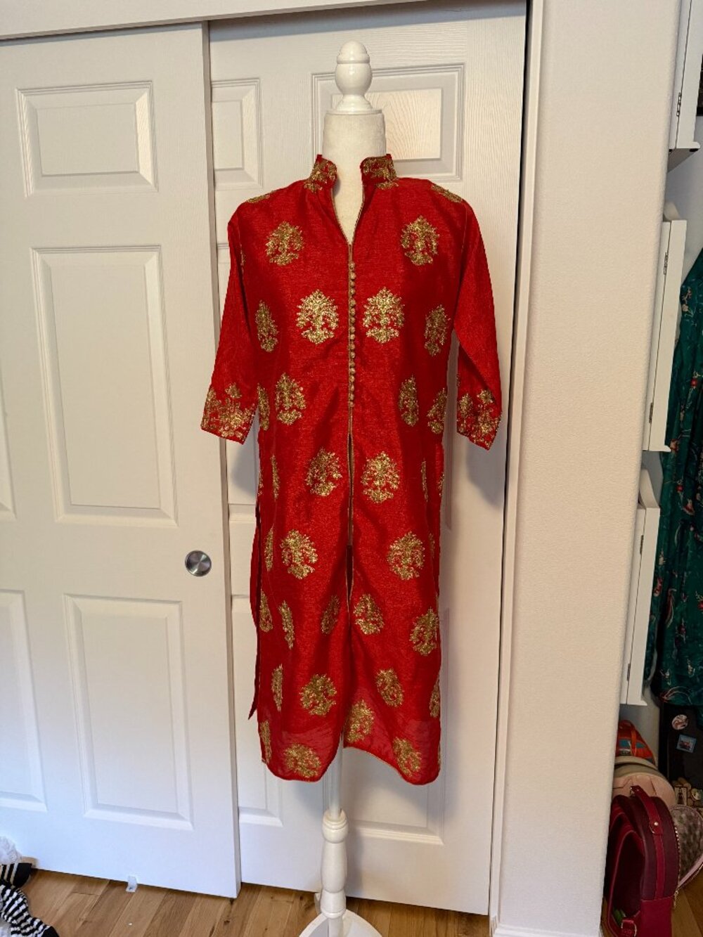 Red Kurta with Gold details, 3/4 sleeve